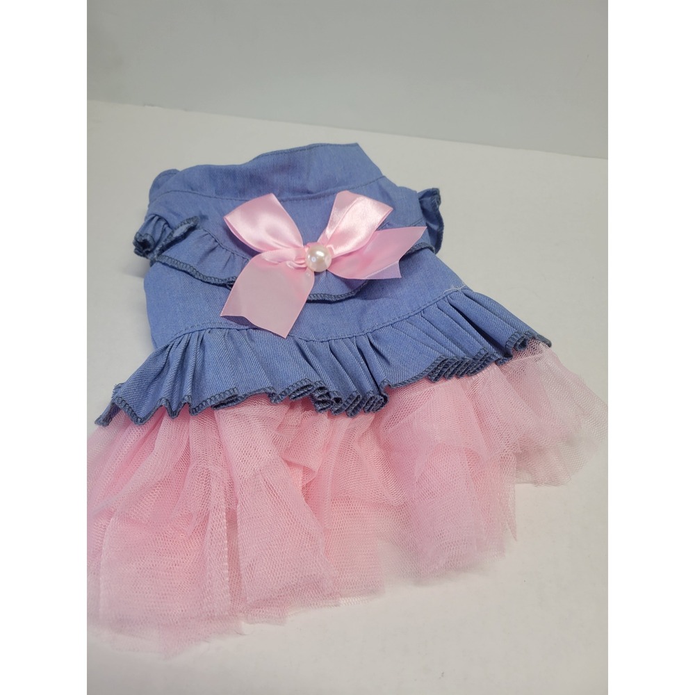 Small Blue Denim and Pink Tulle Tutu Pet Dress with Satin Bow and Pearl Size S
